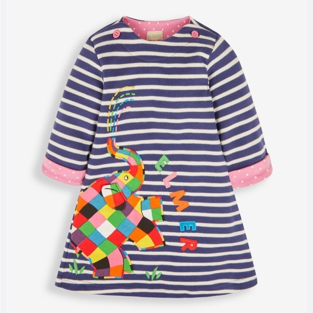 JoJo Maman Bébé Girls 3-4 Navy Blue Striped Elmer Elephant Appliqué A-Line Dress